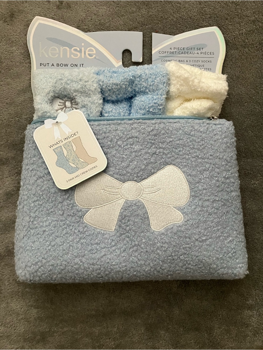 kensie Womens Blue Bow Cozy Gift Set - Cosmetic Case & Socks